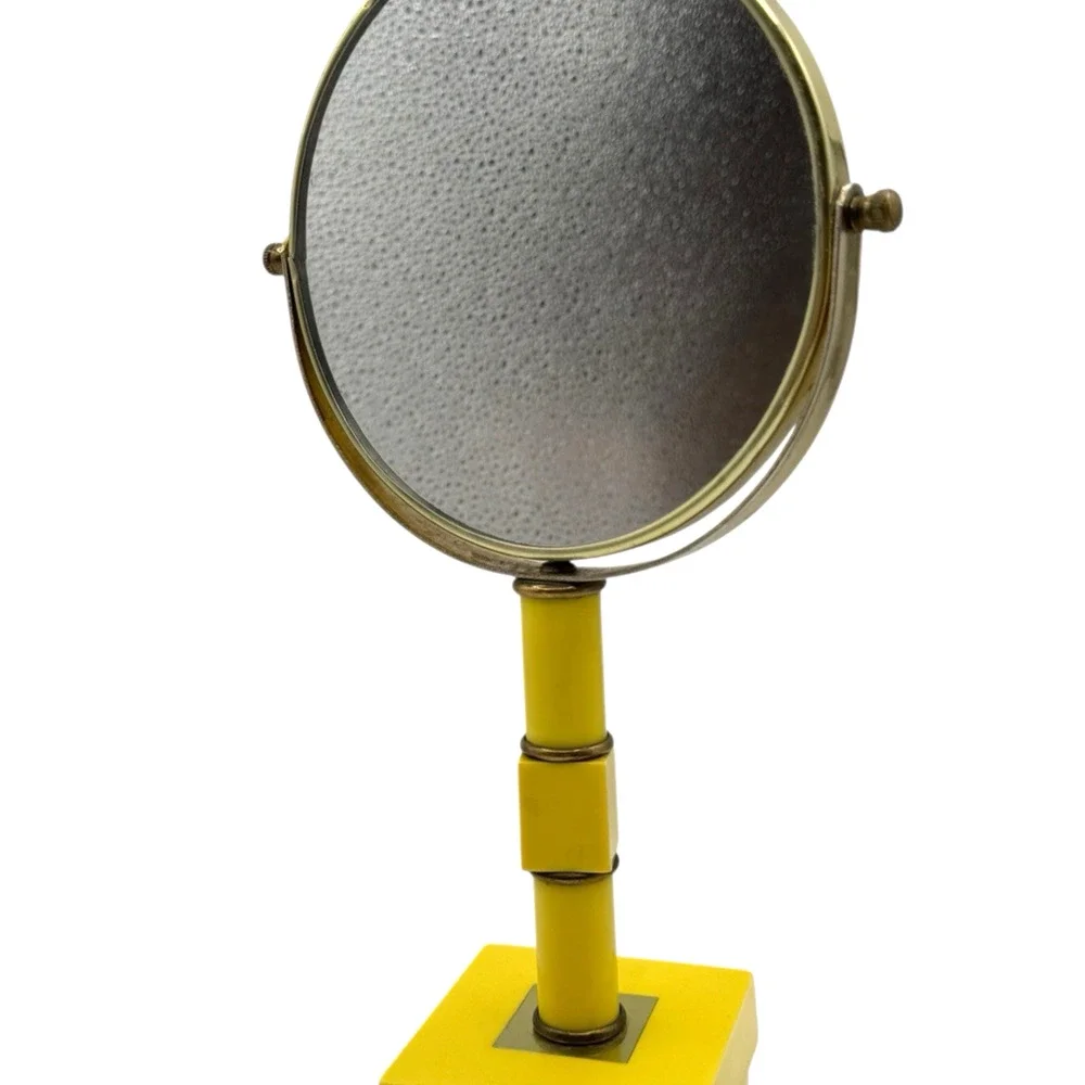 Vintage Yellow Vanity Mirror 1970s Celluloid Footed Brass 11